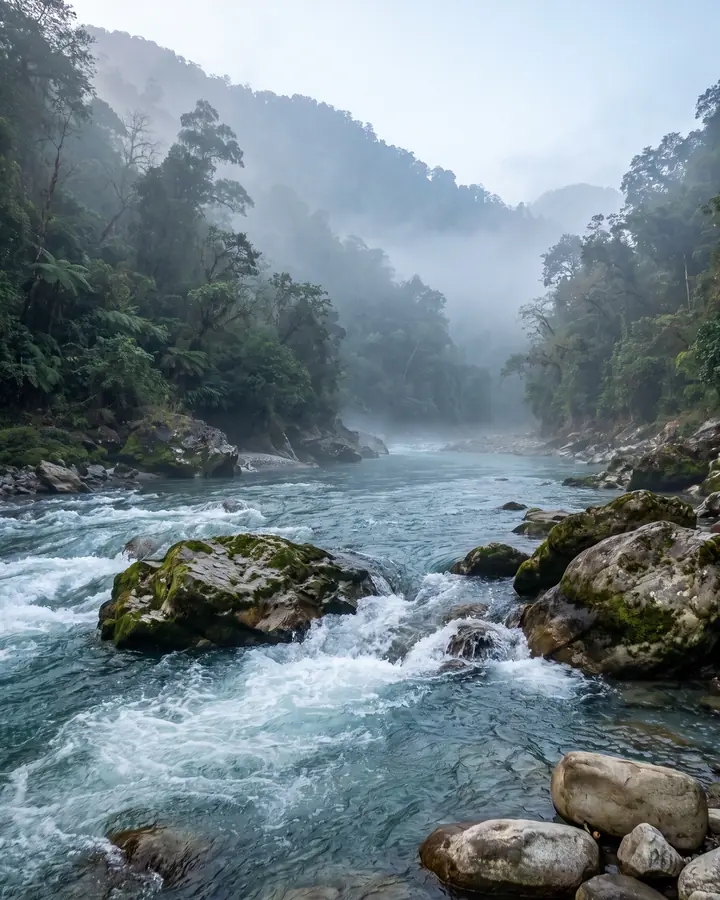 A fast river flowing between forested banks, with boulders in the foreground.