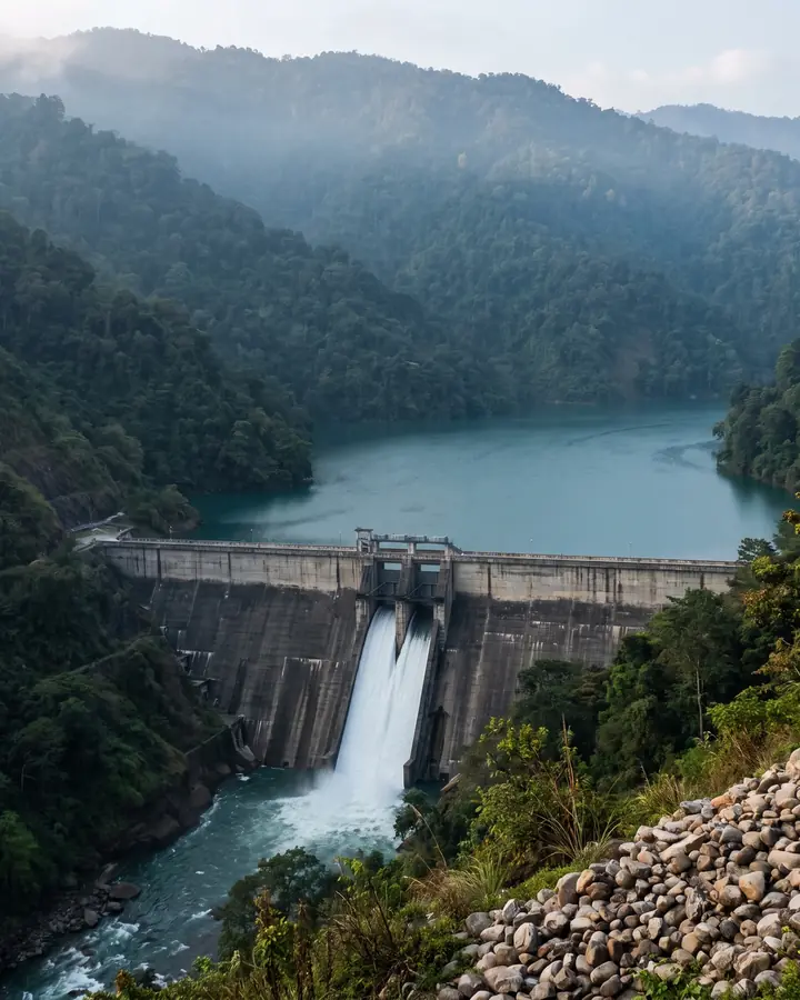 A reservoir in a forested valley, with water being released through a spillway into the river below.