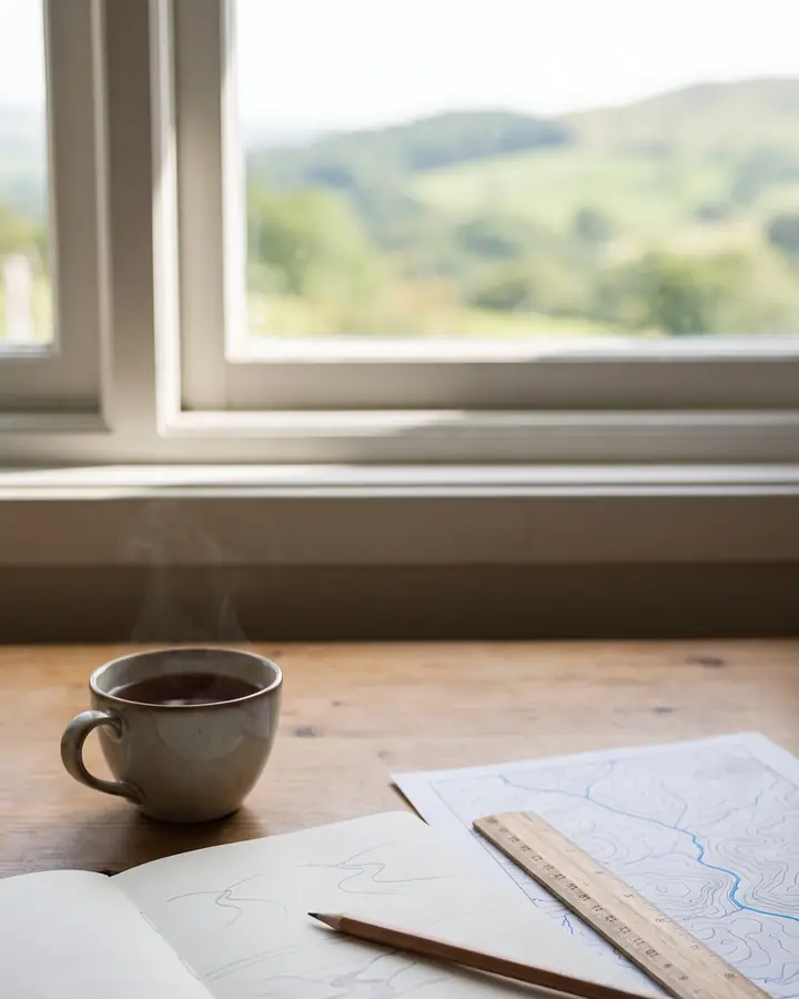 A notebook, pencil, ruler and a river map on a table by a window.