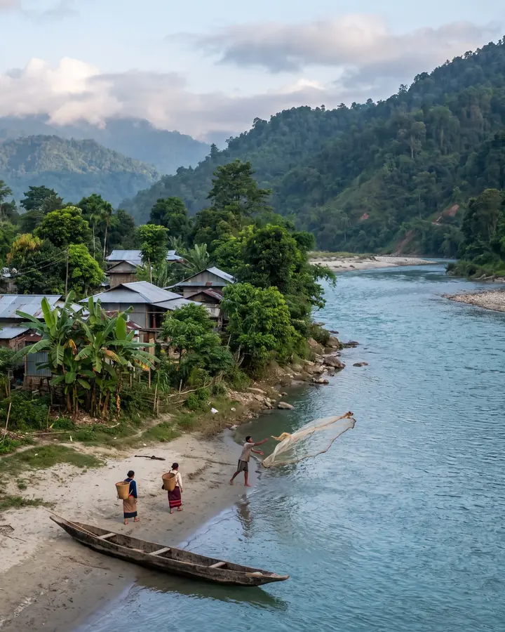 A full, flowing river beside a riverside village, with a man casting a fishing net, two women carrying cane baskets and a wooden boat on the sand.