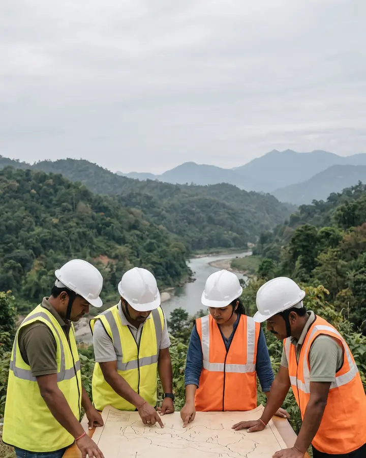 Four engineers in hard hats and safety vests looking at a plan on an outdoor table, with a river valley behind.