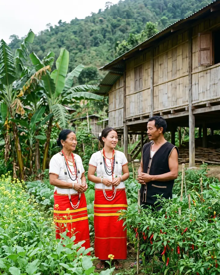 An Adi grandmother, wife and husband talking in their kitchen garden beside their stilt house.