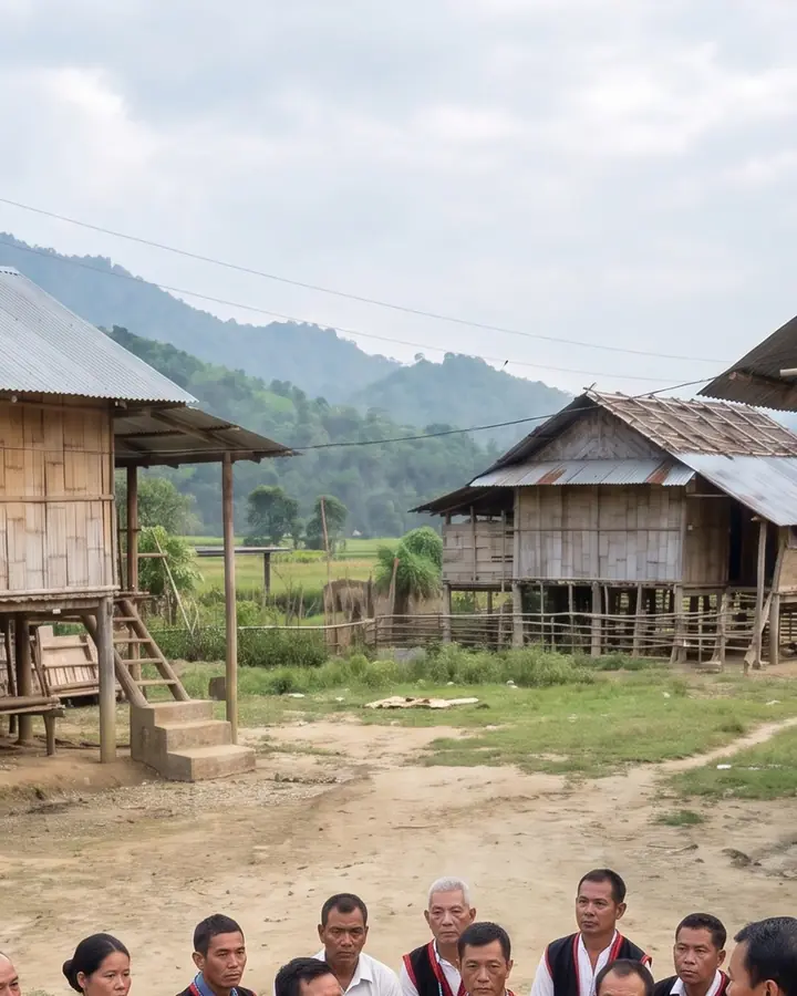 Villagers in Adi dress seated outdoors listening to a speaker Below, a timeline bar drawn to scale by years: PFR 3–6 months, studies 2–3 years (highlighted), DPR 3–4 years, construction 14–15 years.