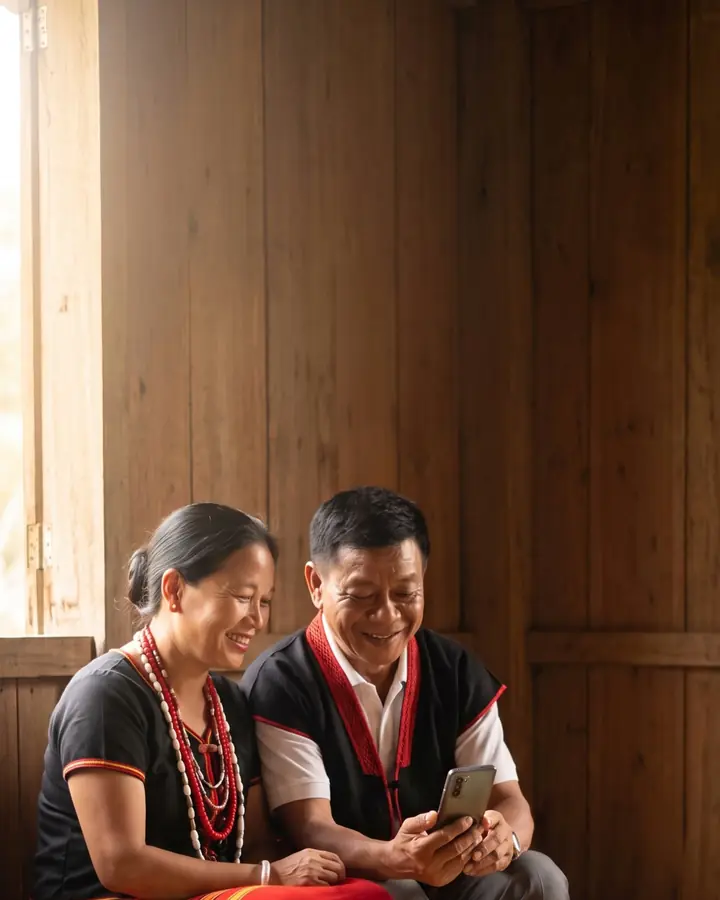 An Adi couple in Adi dress sits on a wooden bench at home in warm window light, smiling at a mobile phone. Two boxes joined by an arrow: "Award finalised" then "Paid within 30 days" (highlighted in light blue).