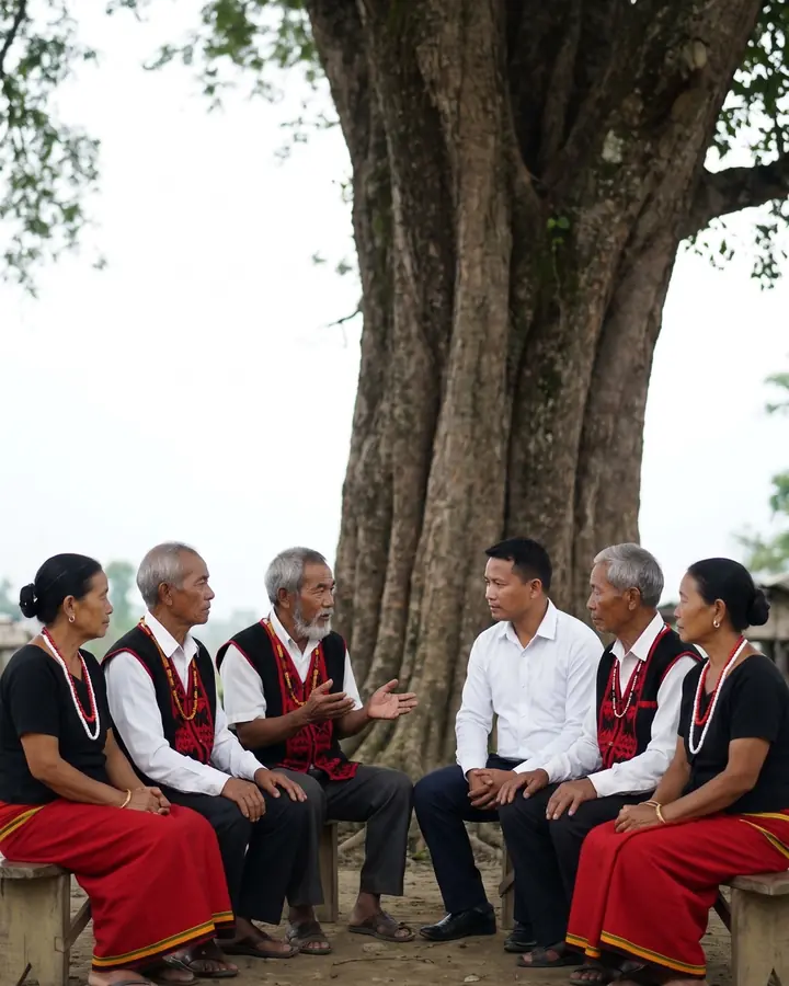 Five Adi elders in traditional dress sit on benches under a big tree, talking calmly with a local official in a white shirt.