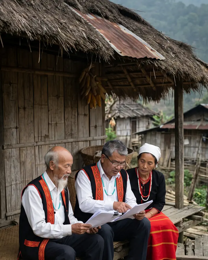 Three Adi elders sit together on the weathered wooden verandah of an old thatched house, reading through a printed report and talking calmly: two men in white shirts and black Adi jackets with woven red borders (one with a long white beard, one with glasses) and a woman in a white head cloth, black blouse and red skirt; old village houses and hills behind.