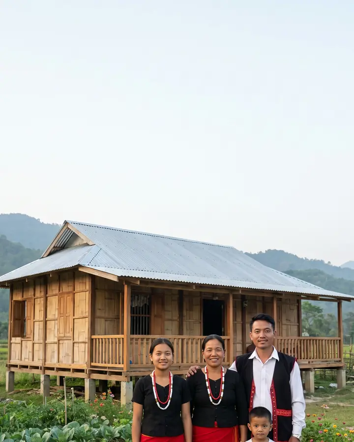 An Adi family of four in traditional dress stands in front of a new wooden house with a tin roof and a kitchen garden.