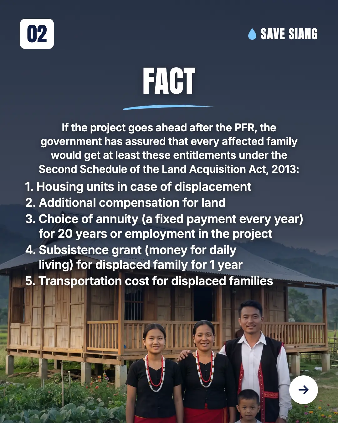 An Adi family of four in traditional dress stands in front of a new wooden house with a tin roof and a kitchen garden. Text: "FACT. If the project goes ahead after the PFR, the government has assured that every affected family would get at least these entitlements under the Second Schedule of the Land Acquisition Act, 2013: 1. Housing units in case of displacement 2. Additional compensation for land 3. Choice of annuity (a fixed payment every year) for 20 years or employment in the project 4. Subsistence grant (money for daily living) for displaced family for 1 year 5. Transportation cost for displaced families."