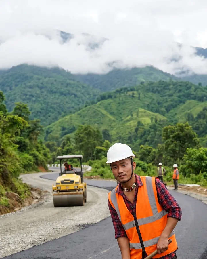 A young Adi man in a white safety helmet, orange safety vest, checked shirt and a short Adi bead necklace works with a shovel on a new mountain road being laid in the green hills, with a small road roller and two co-workers behind him.