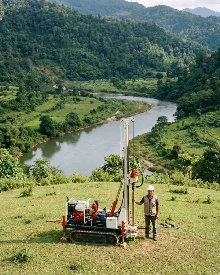 A small drilling machine on a grassy riverbank with one worker; a big callout reads 3–6 months, with the timeline bar.